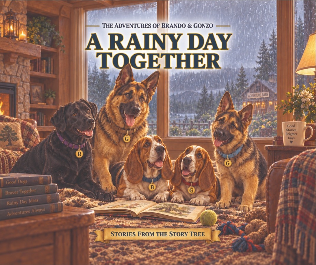 A Rainy Day Together book cover featuring the family gathered beside a rain-streaked window