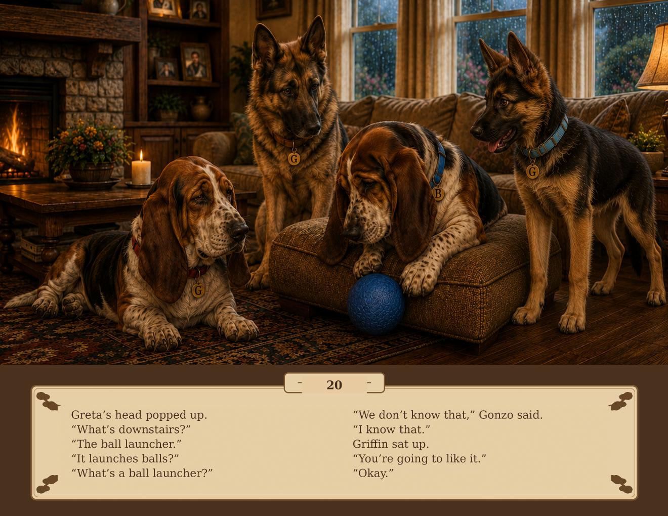 Brando examines a blue ball while Gonzo, Griffin, and Greta gather around