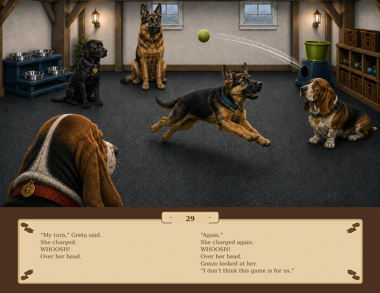 Greta charges after a launched tennis ball while Raven, Griffin, Brando, and Gonzo watch