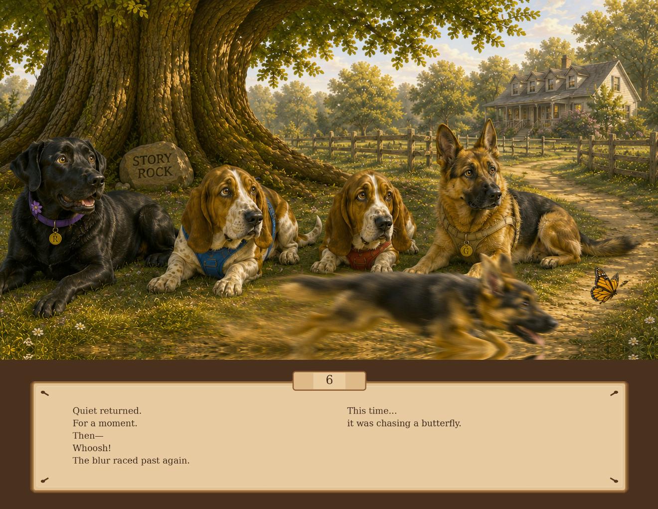 A fast-moving blur races past Raven, Brando, Gonzo, and Griffin beneath the Story Tree