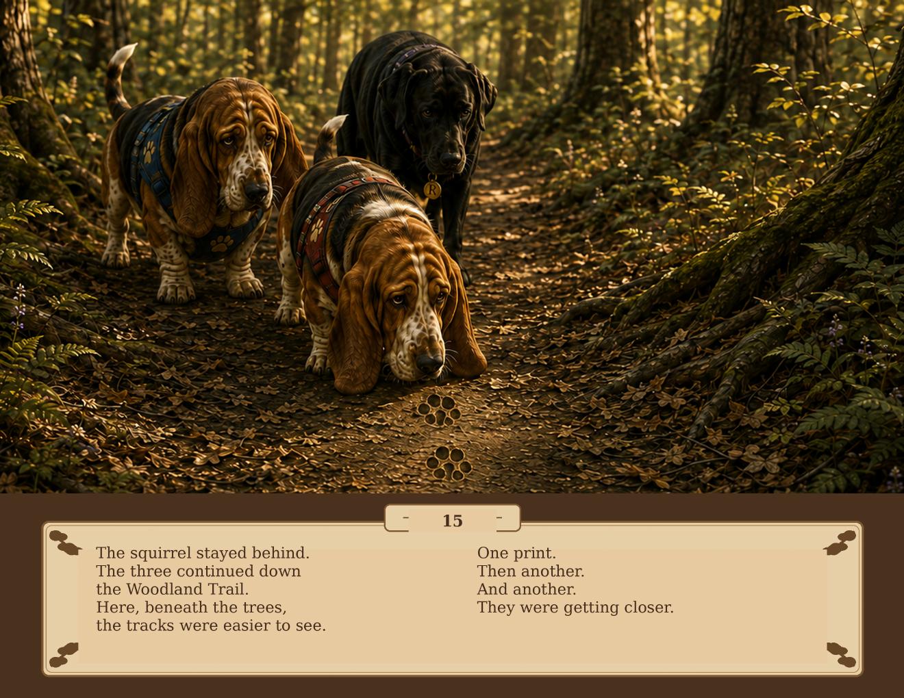 Raven, Brando, and Gonzo follow increasingly clear pawprints along the Woodland Trail