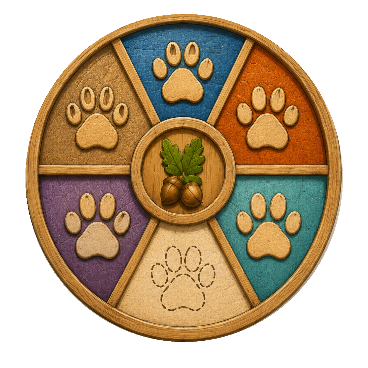Story Tree family wheel with five colored paw sections surrounding oak leaves and acorns