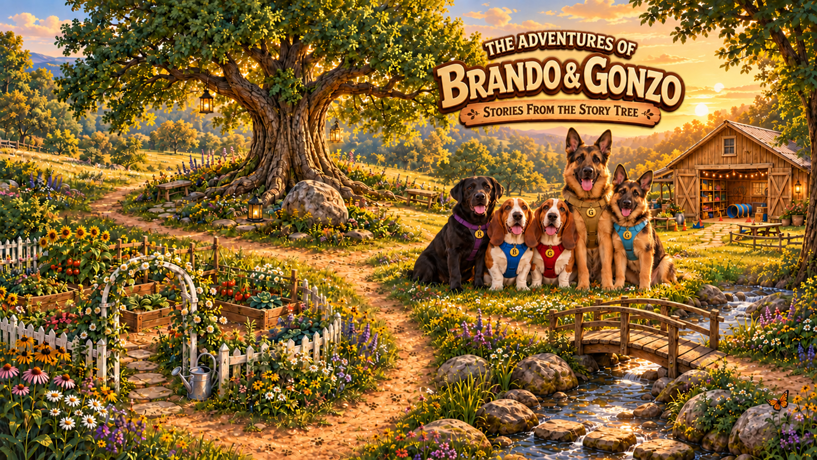Raven, Brando, Gonzo, Griffin, and Greta together in Story Tree World beside the Adventure Barn, beneath The Adventures of Brando and Gonzo title