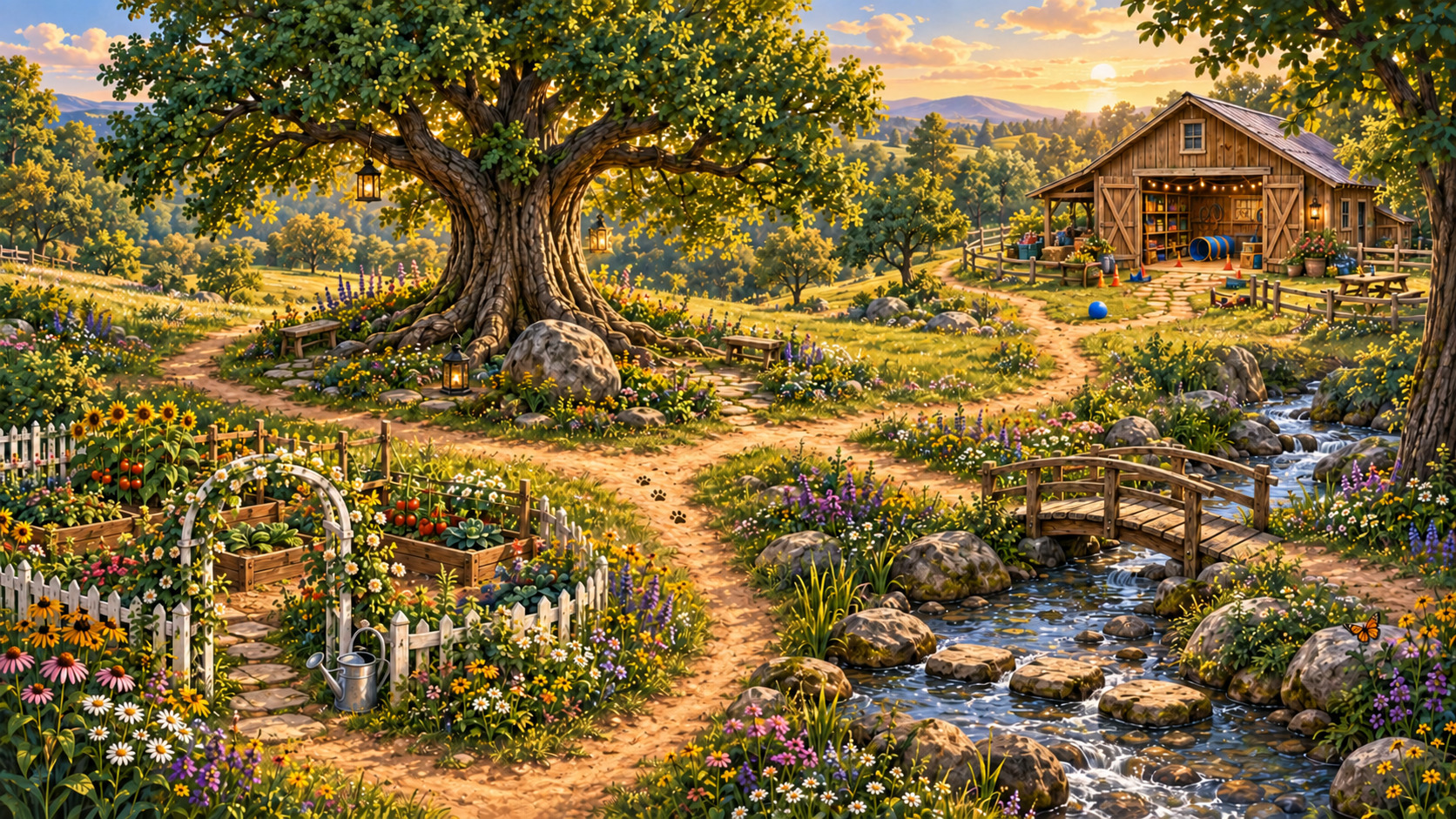 A welcoming view of Story Tree World with the Story Tree, garden paths, creek, and Adventure Barn