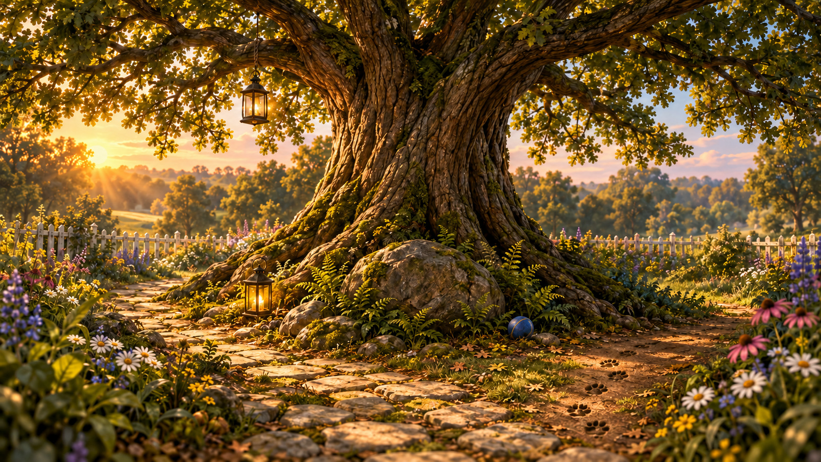 The Story Tree glowing warmly at the heart of the family’s world